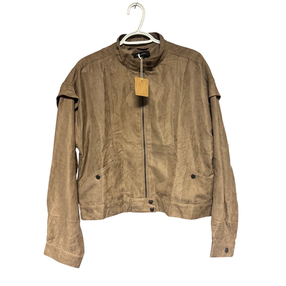 Blu Pepper Tan/Brown Faux Suede Mock Neck Zip Bomber Jacket Women's Large NWT